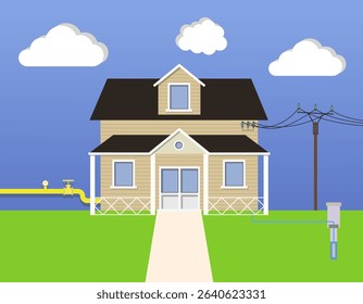 Modern country house with illustration of utility connections. Illustration of a modern country house. EPS 10.