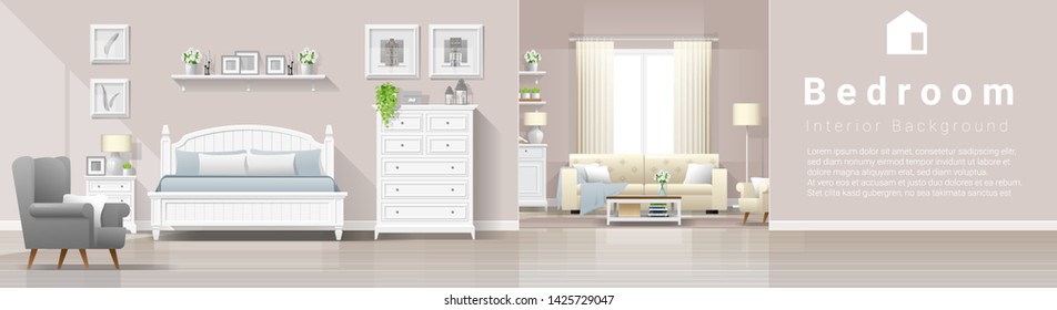 Modern country house interior background with bedroom and living room combination , vector , illustration
