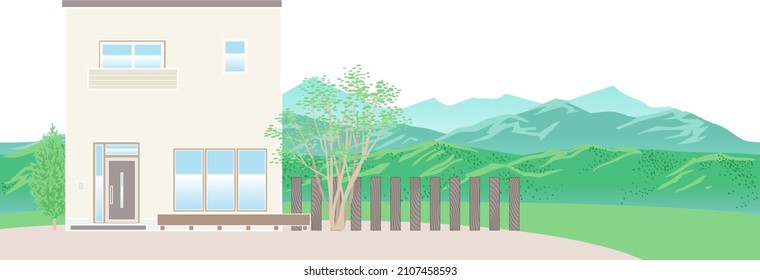 Modern country house in Japan, mountain view background vector illustration 