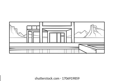 Modern country house, panoramic windows,pool. Landscape Utah Arizona Desert Canyon.Mountains on the horizon.Flat minimal linework hand drawing icon illustration . Pastel color vertical logo.