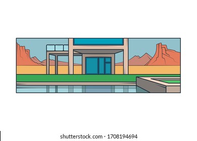 Modern country house, panoramic windows,pool. Landscape Utah Arizona Desert Canyon.Mountains on the horizon.Flat minimal linework hand drawing icon illustration . Pastel color vertical logo.