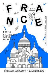 Modern country sightseeing. T-Shirt Design & Printing, clothes, bags, posters, invitations, cards, leaflets etc. Vector illustration hand drawn. France - Montmartre