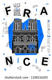 Modern country sightseeing. T-Shirt Design & Printing, clothes, bags, posters, invitations, cards, leaflets etc. Vector illustration hand drawn. France. Notre-Dame