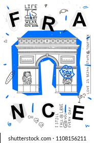 Modern country sightseeing. T-Shirt Design & Printing, clothes, bags, posters, invitations, cards, leaflets etc. Vector illustration hand drawn. France. Arc de Triomphe