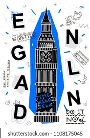 Modern country sightseeing. T-Shirt Design & Printing, clothes, bags, posters, invitations, cards, leaflets etc. Vector illustration hand drawn. England - Big Ben