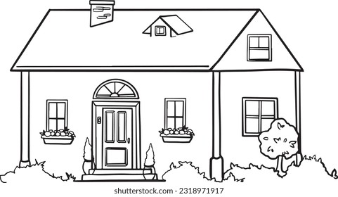 Modern countryside cottage with greenery decoration vector outline. Hand drawn vector doodle illustration of contemporary house with floral design outside line art. Front view.