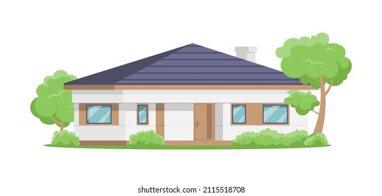 Modern countryside house facade at summer park with green trees, lawn and bushes isometric vector illustration. Suburban home residential cottage exterior isolated. One storey dwelling with chimney