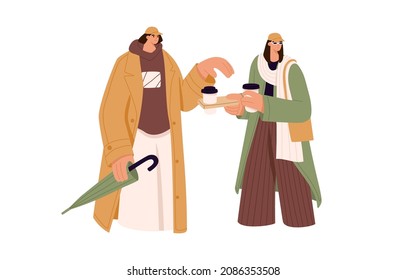 Modern couple with coffee to go. Young man and woman holding takeaway cups of hot drink. Fashion friends and paper tea mugs outdoors. Colored flat vector illustration isolated on white background