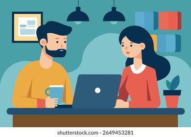Modern Couple Collaborating on Laptop, Flat Design, Casual Workspace