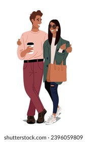 Modern couple of friends on a walk, stylish man and woman hugging. Flat cartoon vector illustration isolated on white background.