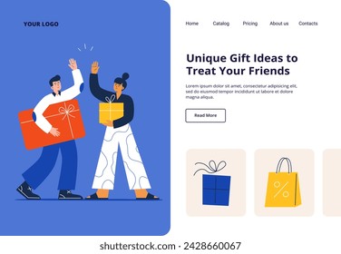 A modern couple gives and receives gifts. A romantic surprise, celebrating holidays, a sign of attention. Vector flat illustration for landing page, web banner, or promo.