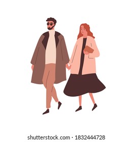 Modern couple holding hands and walking. Stylish girlfriend and boyfriend stroll outdoors. Young trendy family spend time together. Flat vector cartoon illustration isolated on white