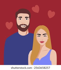 Modern couple illustration with a minimalist style and hearts in the background. Perfect for Valentine's Day cards, anniversary designs, and romantic occasions.