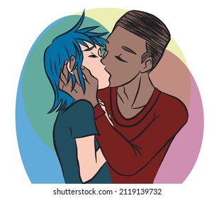 Modern couple kissing on the mouth. Blue and red tones. Vector art.