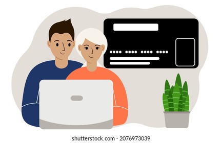Modern couple with laptop. Progressive men and women use laptops to order, pay or buy online with a credit card. Vector flat illustration