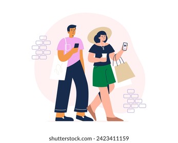 A modern couple makes online orders on the phone. Easy and quick online shopping. Vector flat illustration on a white background.