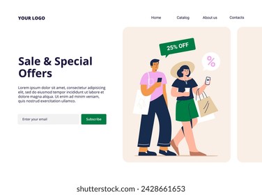 A modern couple makes online orders on the phone. Sale, purchasing goods with low prices, and consumerism concept. Vector flat illustrations for landing page, web banner, or promo.
