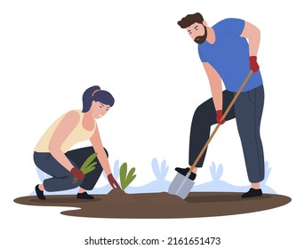 Modern couple planting beds at garden vector flat illustration. Male digging ground soil with shovel. Woman cultivation vegetables greenery. Seasonal agricultural farm rural agribusiness occupation