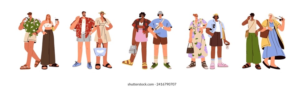 Modern couples wearing casual summer outfits, fashion clothes in trendy style. Stylish men and women in shorts, shirts, dresses and sandals. Flat vector illustrations isolated on white background