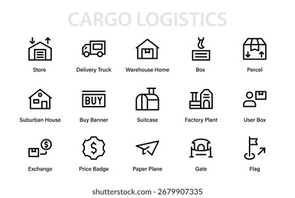 Modern Courier Cargo Logistics Transportation Line Icon Set, Professional Outline Vector Symbols for Shipping, Delivery, and Global Distribution Services