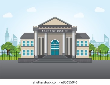 Modern court building, house of justice on city view landscape background,architect vector illustration.