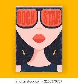 Modern cover with Abstract rock star girl with sunglasses. Stylish and fashion female avatar. Rock n roll party poster design template with woman