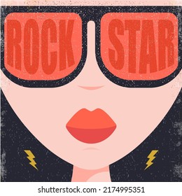 Modern cover with Abstract rock star girl with sunglasses. Stylish and fashion female avatar. Rock n roll party poster design template with woman