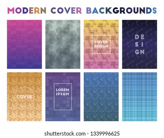 Modern cover backgrounds with geometric patterns and vector illustrations.
