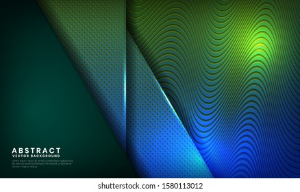 Modern cover design. Abstract green and blue color background with geometric planes textured with golden patterns. Architectural composition with square shapes for use element banner and landing page