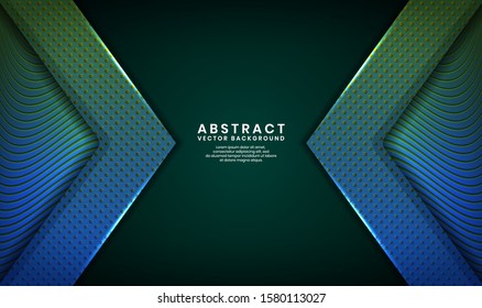 Modern cover design. Abstract green and blue color background with geometric planes textured with golden patterns. Architectural composition with triangle shapes for element banner and landing page