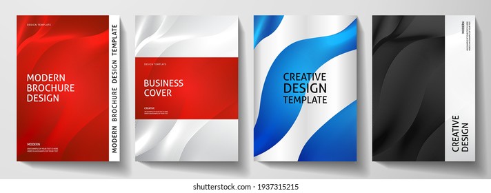 Modernes Cover-Design-Set. Abstraktes Zeilenmuster (Guilloche-Kurven) auf rotem, blauem, schwarzem, weißem Hintergrund. Streifenvektorlayout für Geschäfts-, Broschüren- oder Broschürenvorlage