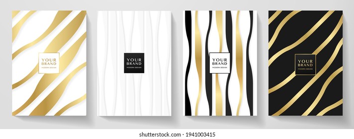 Modern cover design set. Abstract wavy line pattern (curve) in premium color: gold, black, white. Creative luxury stripe vector collection for business background, brochure template, vertical flyer