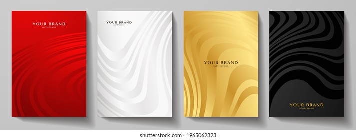 Modern cover design set   Abstract wavy line pattern (curves) in premium red  silver  gold  black color  Creative stripe vector collection for business background  brochure template  booklet  flyer