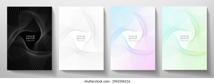 Modern cover design set. Abstract line pattern (guilloche curves) in black, white, green color. Wavy stripe vector layout for business background, certificate, brochure template
