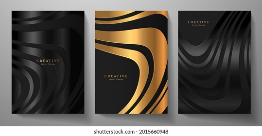 Modern Cover Design Set.  Abstract  Wavy Background With Line Pattern (curves) In Premium Gold And Black. Wavy Vector Collection For Business Background, Brochure Template, Stripe Sport Catalog