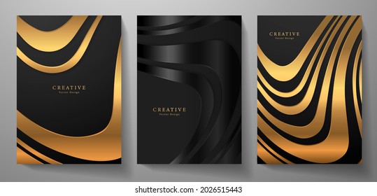 Modern cover design set.  Abstract  wavy background with line pattern (curves) in premium gold and black. Wavy vector collection for business background, brochure template, stripe sport catalog