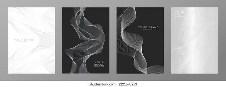 Modern cover design set. Abstract line pattern (guilloche curves) in light x ray monochrome colors. Premium black and white stripe vector layout for business layout, certificate, brochure, catalog.