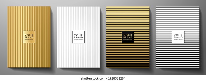 Modern cover design set. Creative abstract line pattern in premium colors: black, gold and white. Formal stripe vector layout useful for notebook, business background, poster or brochure template