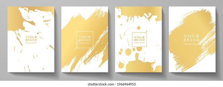 Modern cover design set. Creative art pattern with gold brush stroke, paint drop (spot) on white background. Luxury artistic vector collection for grunge notebook, flyer, poster, brochure template