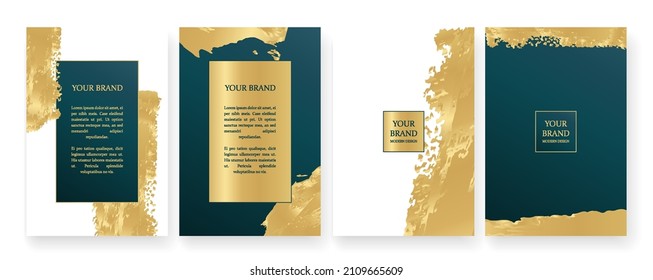 Diseño moderno de la cubierta. Patrón de arte creativo con pincel dorado, caída de pintura (spot) sobre fondo verde y blanco. Colección vectorial artística de lujo para volante, afiche, cuaderno, plantilla de folleto