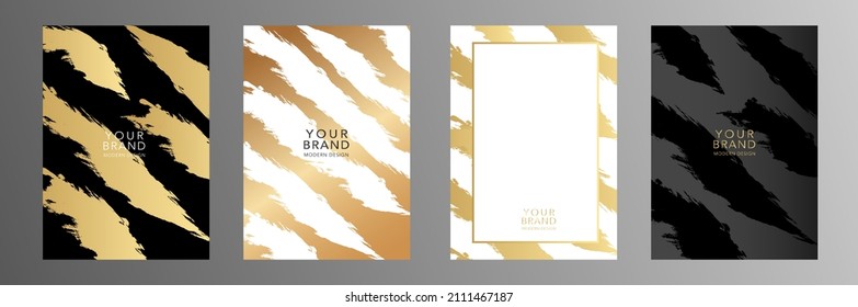 Diseño moderno de la cubierta. Patrón de arte creativo con pincel de oro, tira de pintura en el fondo. Colección vectorial artística de lujo para catálogo de grunge, portátil, volante, afiche, invitación, tarjeta