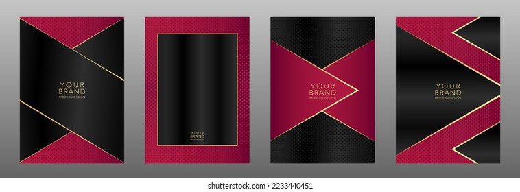 Modern cover design set. Creative abstract diagonal line, carbon pattern on black and magenta background. Premium vector collection for catalog, brochure template, invite, magazine layout, booklet