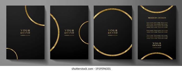 Modern cover design set with gold round ring (golden circle pattern) on black background. Luxury creative premium backdrop. Formal simple vector template for business brochure, certificate,  invite