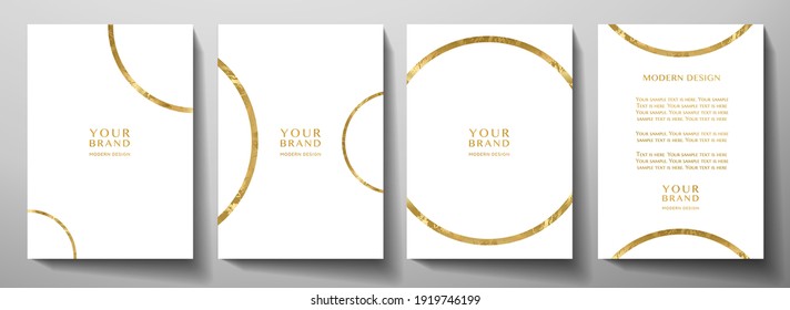 Modern cover design set with gold round ring (golden circle pattern) on white background. Luxury creative premium backdrop. Formal simple vector template for business brochure, certificate, invite