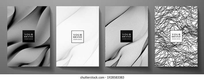 Modern cover design set. Gold abstract line pattern (guilloche curves) in monochrome colors: black and white. Premium wavy stripe vector layout for business background, certificate, brochure template