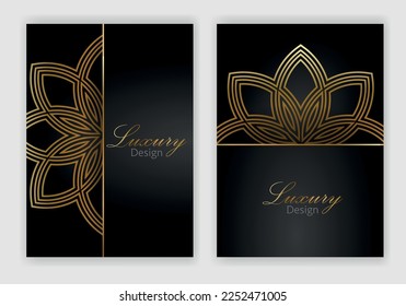 Modern cover design set. Luxury black, gold background with abstract pattern. Premium vector template for menu, invite, brochure template, lux flyer