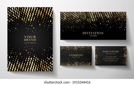 Modern cover design set: premium business card, invitation with circular dots (gold gradient pattern on black background). Collection template useful for notebook, holiday party poster