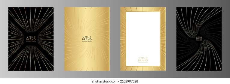 Modern cover design set. Premium creative dynamic line gradient background in luxury black, gold color. Stripe pattern formal premium vector layout for business certificate, catalog, menu template.