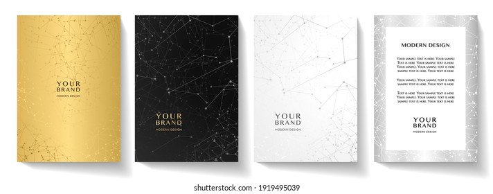 Modern Cover Design Set With Technology Curve Lines. Contemporary Network Pattern Backdrop In Gold, Black, White, Silver Colors. Vector Background Template For Business Brochure, Certificate, Planner