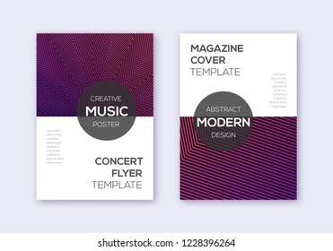 Modern cover design template set. Violet abstract lines on maroon background. Exquisite cover design. Unique catalog, poster, book template etc.
